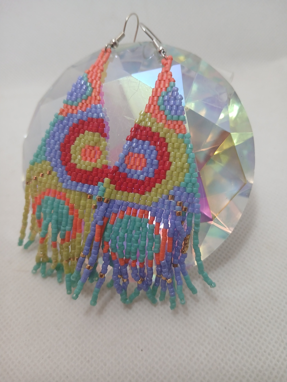 Bohemian Multicolor Seed Bead Fringe Earrings - Coral, Turquoise & Lavender